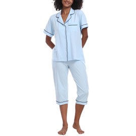 ANLIQI Women's Pajamas Sets Cotton Capri Pajamas for Women Soft Modal Short Sleeve Button Down Sleepwear Summer Lounge Sets(LB,S)