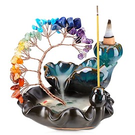 Backflow Incense Burner Ceramic Incense Waterfall 7 Chakras Crystal Tree Incense Holder Namaste Yoga Meditation and Home Decor