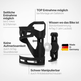 FOSIEN® Silent Track Cage - AirTag Fahrrad Getränkehalter seitlich mit stummer AirTag Integration. Flaschenhalter Fahrrad - (Schwarz Standard)