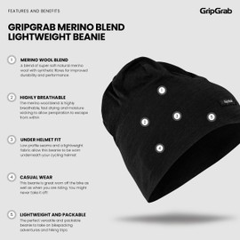 GripGrab Merino Wool Blend Lightweight Biking Beanie Under Helmet Cycling Cap Winter Bike Beanie Hat Cold Weather Cycling Cap Black