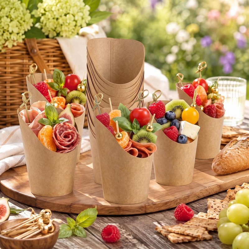 100 Set 12 oz Brown Kraft Charcuterie Cups with Sticks,