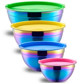 Onlycooker Rainbow Mixing Bowls With Airtight Lids,Stainless Steel Bowl,Salad Bowls 4 Piece Colorful Nesting Bowl Rainbow Kitchen Accessories,Size 5.5,3.6,2.1,1.5 QT Stackable Design