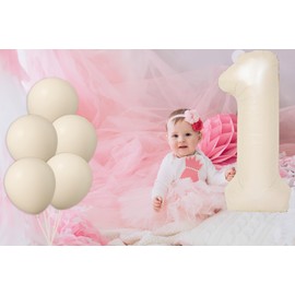 40 Inch Large Beige Number 1 with Latex Balloons, Big Foil Number Balloons for Kids Boys 1st Birthday Party Decorations Boys Cute Baby Shower Supplies Anniversary Celebration
