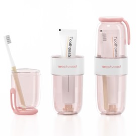 HyJeryty Luxury Transparent Pink Toothbrush Travel Case, Portable Travel Toothbrush & Toothpaste Holder Cover Organizer Container with Mouthwash Cup for Camping, Business Trips, Bathroom Storage