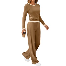 SHESHOW Casual Lounge Sets for Women 2 Piece Outfits Color Block Tops and Long Pants Womens Loungewear Matching Tracksuit Set Khaki M