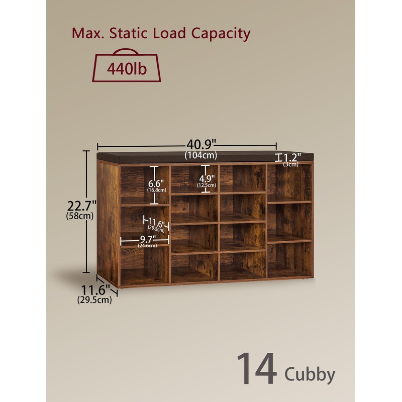 DINZI LVJ Shoe Storage Bench with Cushion, 14-Cubby Shoe Rack,