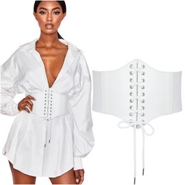 WHIPPY Women's Lace Up Corset Tied Waspie Wide Belt Elastic Corset Waist Belt Lace Up Belt, E-white