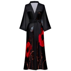 Women's Long Silk Robes Long Satin Robes Long Kimono Robes Floral Silky Bathrobes Dressing Gown, One Size, Black Floral, One Size