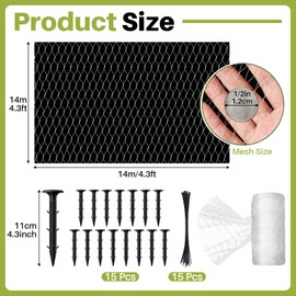 Yoojahow Koi Pond Netting Kit 14 x 14ft, Bird Deer Fence Netting, Durable Net Cover for Leaves, Heavy Duty Fine Mesh, Protect Fish from Birds, Cats & Predators, 15pcs Stakes & Ties Included(White)