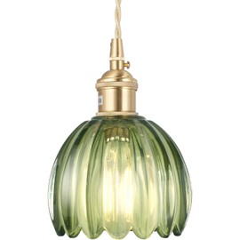 Battery Operated Ceiling Light,Pendant Light Petal Glass Battery Chandelier Light with Rechargeable Detachable Bulbs Remote 9 Colors Dimmable for Dining Room Kitchen Bedroom Living Room(Green)