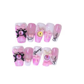 PN-012 Press-On Nails Lacquered Pack of 10 Reusable False Nails Y2K Pastel Goth Monster Eye Pink