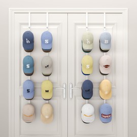 SWTYMIKI Over Door Hat Organizer - 4 Packs Metal Hanging Hat Rack with 16 Hooks Design, Baseball Cap Hanger Organizer Storage Holds up to 80 Caps for Door, Bedroom, Closet