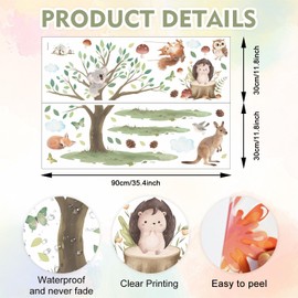 HLNIUC Jungle Animals Tree Double Sided Wall Decal(35”x24”)Safari Kangaroo Owl Squirrel Wall Sticker,Forest Koala Fox Bird Window Cling,Cartoon Woodland Hedgehog Room Stickers for Kids Bedroom,Nursery
