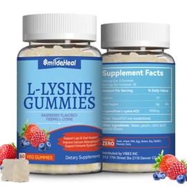 2 Pack L-Lysine 1000mg Gummies, Chewable Lysine Supplement for Adults, Immune Support, Collagen Formation Support, Non-GMO, Vegan, Gluten Free - 120 Counts