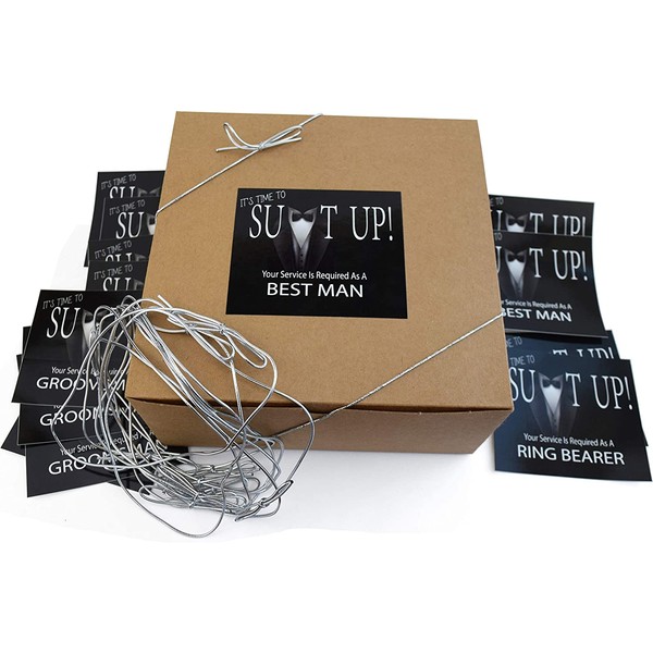 Groomsmen Proposal Gift Boxes Set of 10 Empty 8x8x3.5 Boxes with 14 Labels to Ask 10 Groomsmen, 2 Best Men and 2 Ring Bearers with 10 Silver String Loops. (Kraft)