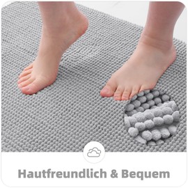 OLANLY Chenille Bath Mat, 40 x 60 cm, Extra Soft Non Slip Bathroom Mat, Super Absorbent Fluffy Bath Mats for Bathroom Floor, Machine-Washable Dry Bath Rug Foot Mat, Grey