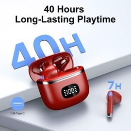 Wireless Earbuds - Bluetooth 5.3 Headphones with 4 ENC Noise Cancelling Mics - HiFi Stereo Deep Bass - 40 Hour Playtime In Ear Earphones - USB C Charging - Perfect for Sports, Work, and Leisure Red