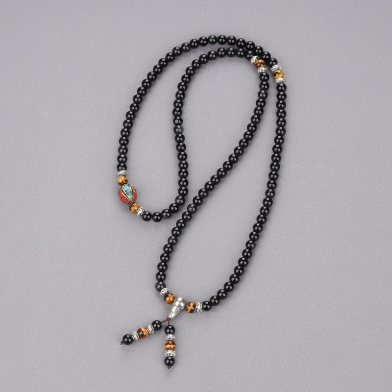 COAI 108 Mala Obsidian Wrap Bracelet, Obsidian, Tiger's Eye