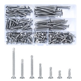 200 Pcs Self Drilling Cross Flat Head Screws, Stainless Steel Self Tapping Wood Screws, Countersunk Roofing Screws for Metal Sheets - M4.2 * 13mm/16mm/19mm/25mm/32mm/38mm/50mm (silvery)