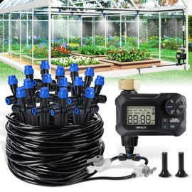 HIRALIY 59FT Greenhouse Mist Drip Irrigation Kit with Garden Timer, Hanging Plant Watering System, with Tubing, Misting Nozzles, and Water Timer, Quick Connector Design Automatic Irrigation System