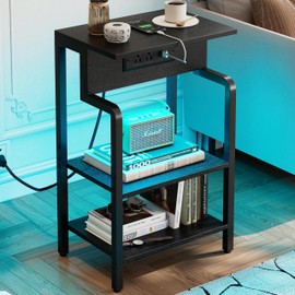Side Table, LED End Table with Charger Station, Small Bedside Table with Adjustable Shelf, Nightstand with 3-Tier Storage Shelves, Small End Table for Small Spaces, Living Room, Bedroom (Black)