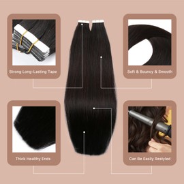 Bella Hair Premium Tape In Hair Extensions - Full Cuticle Aligned Remy Human Hair Straight, 20pcs 14 inch 50g Natural Black Hair Piece, Damage-Free Instant Natural Look Volume
