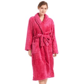 Inner Wish Womens Plush Fleece Robe, Cozy Warm Bathrobe Fuzzy Female Spa Robe With Pockets, ROSE RED,L/XL