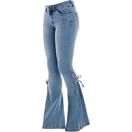 Women's Lace-up Bell Bottom Denim Jeans Mid Waist Stretchy Flare Pants Trouser Leggings (Blue, M)