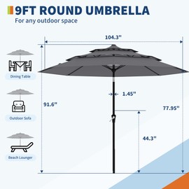 9Ft 3 Tiers Market Umbrella Outdoor, 3 Tiers Heavy Duty Patio Umbrella 8 Ribs, Outdoor Market Table Umbrellas with Ventilation and Hand Crank