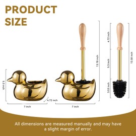 Duck Toilet Brush and Holder Set - Ceramic Bathroom Toilet Scrubber Brush Organizer with Wooden & Stainless SteelHandle, Gold Toilet Brush & Cute Duck Design for Bath Decor Storage