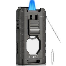 KEJIAR Cigar Lighter, Cigar Torch Lighter, 3 Jet Flame Butane Lighter, Built-in Punch, Draw Enhancer and Serrated Cutter, All-in-One Cigar Accessories for Men Gift (Grey)