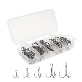 Conskyee Fishing Treble Hooks Kit, 100pcs High Carbon Steel Barbed Hooks Round Bend for Lures Baits Saltwater Freshwater Fishing, Sharp Snagging Treble Hook with Box for Trout Bass Catfish, Size 2#