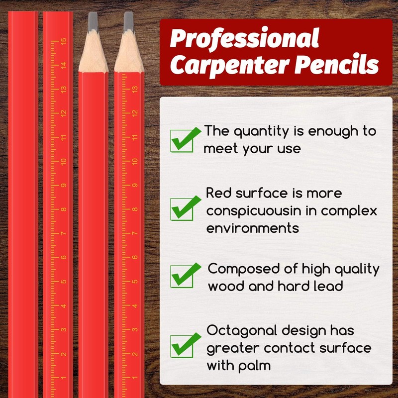Zonon 100 Pieces Carpenter Pencils Bulk Octagonal Red Hard Black