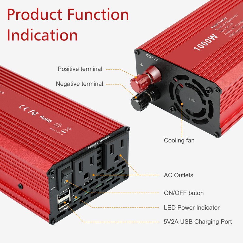 Fancy Buying 1000W/2000W(Peak) Power Inverter for Vehicles, DC 12V to