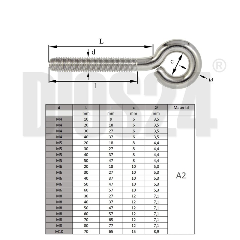 DIOS24 Pack of 25 Eye Bolts with Metric Thread M6-50