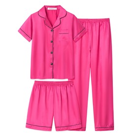 UNICABBIT21 Rose Red Satin Pajamas for Big Girls Cute Silk Button Down Short Sleeve & Shorts PJS Outfit Kids Sleepwear 3pcs Size 10