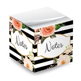 Black and White Floral Sticky Note Cube / 2.75" Memo Block Printed On 4 Sides / Modern Floral Stripe Design / Made in The USA