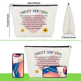 Gevody Sweet 16 Makeup Bag for Daughter Granddaughter Sister Niece Best Friend Inspirational Present 16th Birthday Gifts for Woman Sixteen Cosmetic Bag 16 Year Old Birthday Gifts for Her Travel Pouch