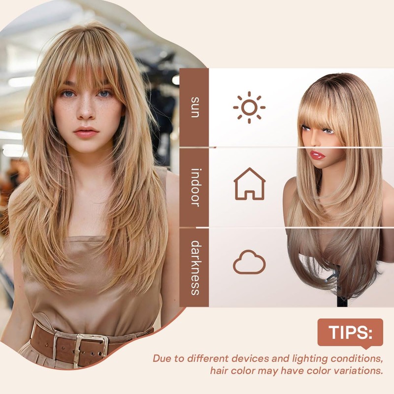 Sangtok Long Ombre Blonde Layered Wig with Bangs for Women,