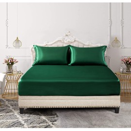 SiinvdaBZX 3-Piece Set Satin Full Fitted Sheet & 2 Pillowcase, Emerald Green Silky Soft Fitted Bottom Sheet, Wrinkle Free, Fade Resistant, Deep Pocket Bed Sheet (Deep Up to 15")