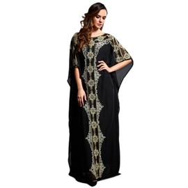ODIZLI Muslim Dress for Women Abaya Prayer Dress Short Sleeve Printed Chiffon Maxi Dress Kaftan Dubai Islamic Dress Muslim Clothes for Women Modern Arabic Dress Black Floral/Rhinestone One Size