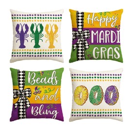 AVOIN colorlife Happy Mardi Gras Beads and Bling Crawfish Smoothie Throw Pillow Covers, 18 x 18 Inch Checked Bow Stripes Holiday Cushion Case Decoration for Sofa Couch Set of 4