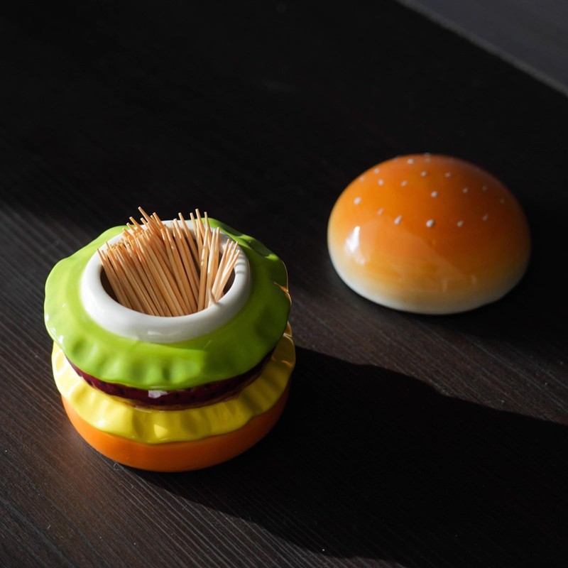 Lifelisa Cute Hamburger Toothpick Holder with Lid, Ceramic Toothpick Dispenser