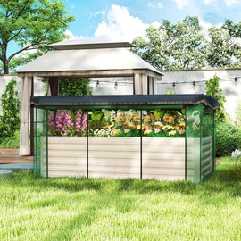 Outsunny Galvanized Raised Garden Bed with Crop Cage Plant Protection Net and Shade Cloth Roof, Metal Planter Box with Cover for Vegetables, Flowers, Herbs, Beige