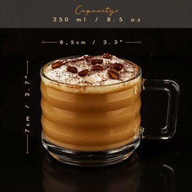 Vasos apilables, tazas de té de café, vasos de té de café con asa, tazas de té de café de desayuno, cristalería apilable moderna con asa, vasos de templado completo irrompibles (250 cc/8.5 onzas) (juego de 2)
