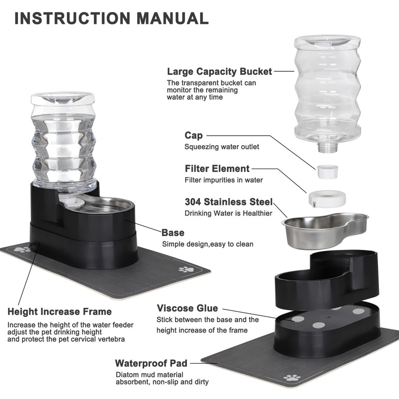 RIZZARI Automatic Cat Water Dispenser: Black 7L Elevated Fountain -