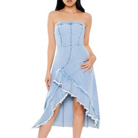 Forever 21 Women's Frayed Tulip-Hem Midi Dress, Medium Denim