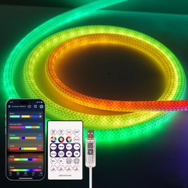 6.56FT 360 Degree Luminous Circular Mesh Neon Rope Lights,5V Music Synchronous RGB+IC Flexible LED Strip Lights, IP67waterproof, App and Remote Control, Bedroom, Living Room, Party, Game Decoration
