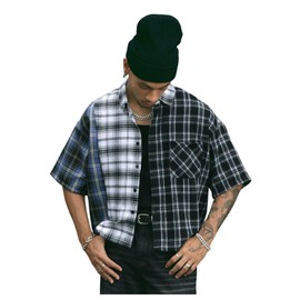 Verdusa Men's Plaid Cropped Shirt Drop Shoulder Streetwear Loose Button Down Tops Multicolor Small