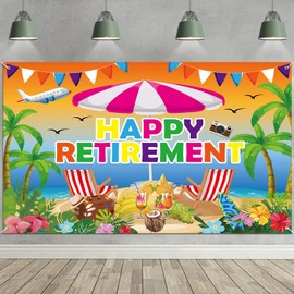 HOWAF Retirement Party Decorations Backdrop Banner Hawaiian Retirement Banner for Summer Hawaiian Beach Pool Theme Retired Birthday Party Supplies Backdrop Luau Happy retirement Background banner